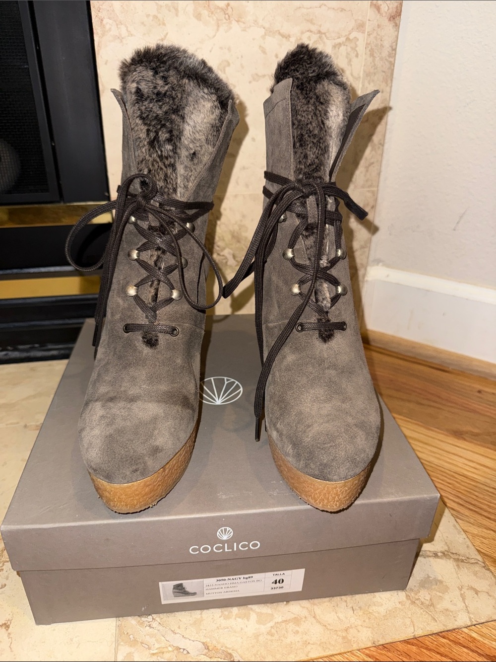 COCLICO Taupe Suede Lace-Up Fur-Trim Wedge Boots